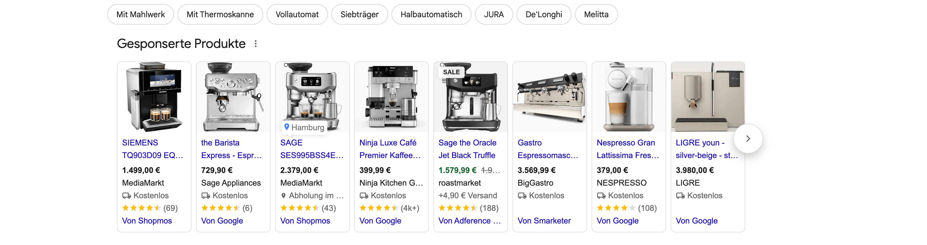 Google Shopping Ergebnisse – Kaffeemaschinen
